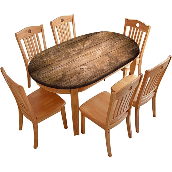 Rustic Wood Planks Oval Fitted Tablecloths, Orange Brown Elastic Edged Oval Table Cloth, Polyester Wrinkle Resistant Fitted Table Cover Festival Decor, Fits Tables up to 48" W x 68" L