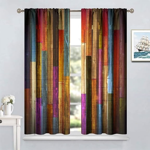 Rustic Wood Planks Window Curtains,Vintage Colorful Wooden Boards Background Room Darkening Door Window Rod Pocket Curtains For Bedroom Kitchen Living Room 26"W x 54"L (Pack of 2)