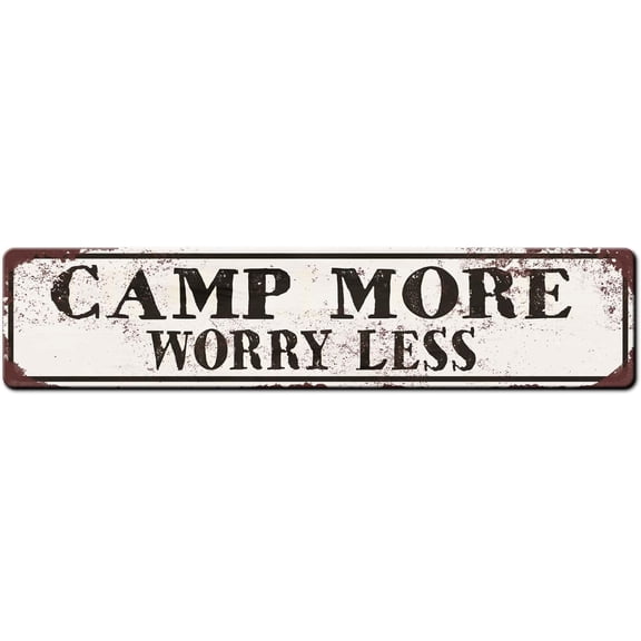 Rustic Wood Plaque Sign, Vintage Style Camp More Worry Less Wall Dcor, Camper and RV Campground Sign, Wooden Sign With Saying, 4 x 16 Inches