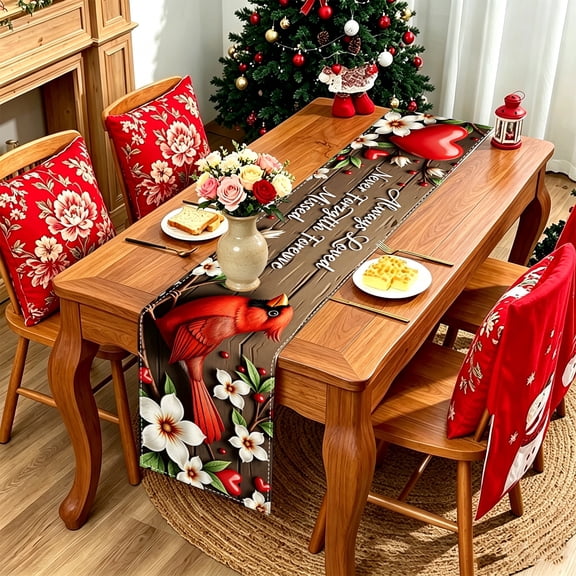 Rustic Wood Red Cardinal White Blossom Heart Typography 2D Flat Print Table Runner,13x48/13x70/13x108 inch,Polyester,Sideboard Buffet Kitchen Table Decor