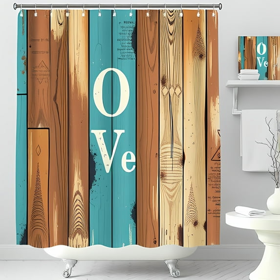 Rustic Wood Shower Curtain with Love Inscription Vintage Teal & Brown Design for Charming Bathroom Decor