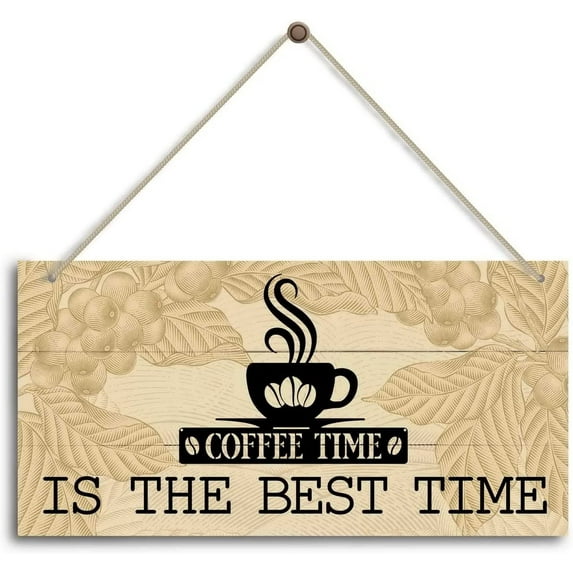 Rustic Wood Sign Hanging Wall Decor Coffee time is the best time Sign, Farmhouse Home Kitchen Garden Wall Decoration Wooden Plaques Hanging 10x5 Inch