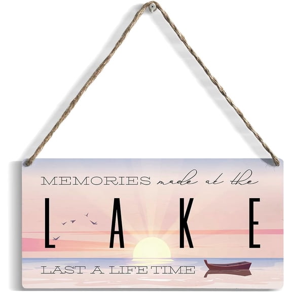 Rustic Wood Sign Home Farmhouse Wall Hanging Decor Memorial Wooden Wall Art Decor Positive Quotes Decorative Plaque Sign for Country Lake House Cabin Beach Camping Outdoor Memories Made at The Lake