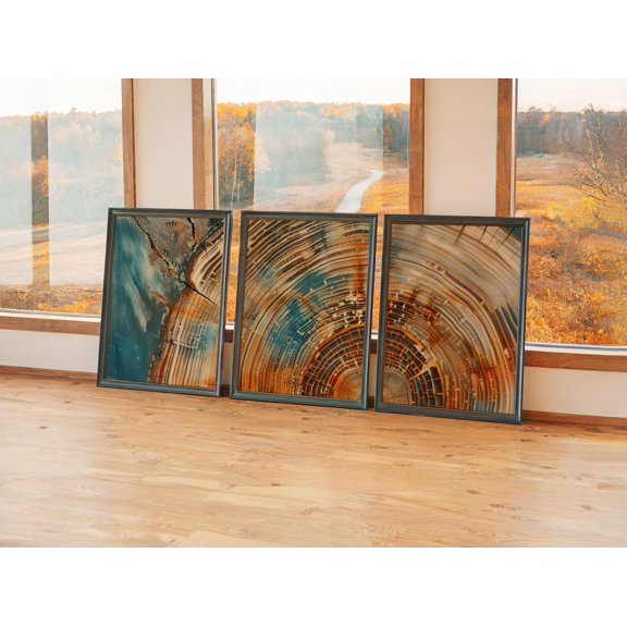 Rustic Wood Slice Dark Green And Copper Tree Ring Triptych Nordic Cabin Nature Gallery Wall Poster, , Poster Only
