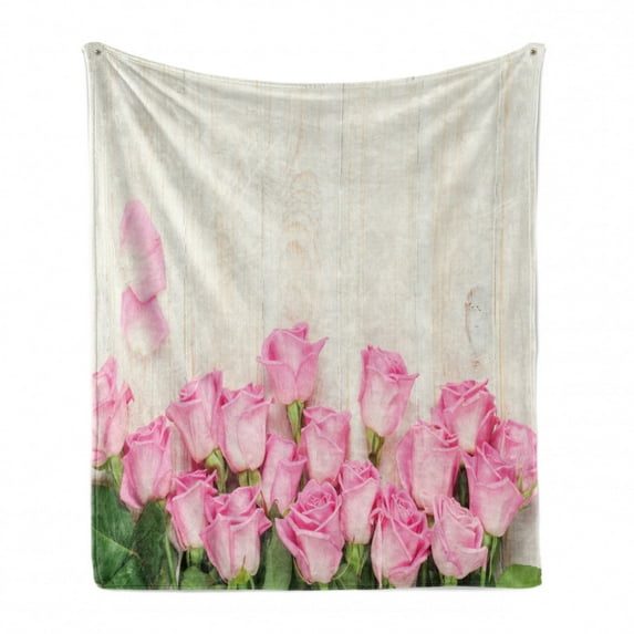 Rustic Wood Soft Flannel Fleece Blanket, Blossoming Rose Bouquet on Pastel Toned Planks Vintage Style Arrangement, Cozy Plush for Indoor and Outdoor Use, 50" x 60", Pink Beige Green, by Ambesonne