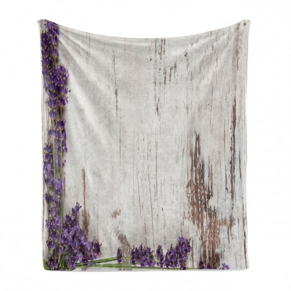 Rustic Wood Soft Flannel Fleece Throw Blanket, Antique Arrangement of Wall with Flowers in the Summer, Cozy Plush for Indoor and Outdoor Use, 50" x 60", Purple Eggshell, by Ambesonne