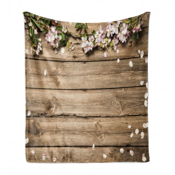 Rustic Wood Soft Flannel Fleece Throw Blanket, Composition with Fallen Petals Nature Elements, Cozy Plush for Indoor and Outdoor Use, 70" x 90", Sand Brown Rose, by Ambesonne