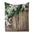 thumbnail image 1 of Rustic Wood Soft Flannel Fleece Throw Blanket, Jasmine Flower on the Table Retro Style Composition, Cozy Plush for Indoor and Outdoor Use, 70" x 90", Brown Green, by Ambesonne, 1 of 6