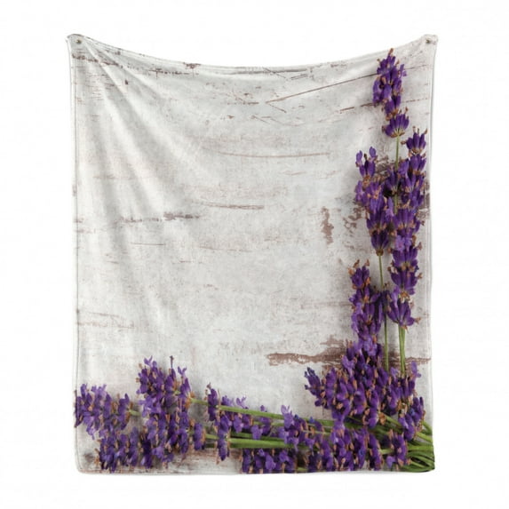 Rustic Wood Soft Flannel Fleece Throw Blanket, Lavender Flower on Vintage Old Style Table Retro Illustration, Cozy Plush for Indoor and Outdoor Use, 60" x 80", Purple Eggshell, by Ambesonne