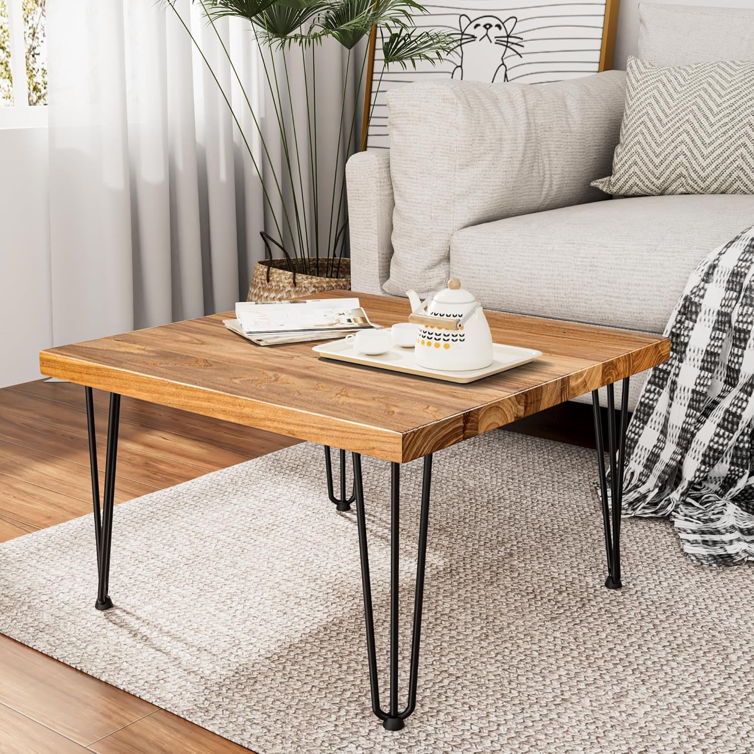 Rustic Wood Square Coffee Table with Metal Legs, Solid Elm Wood Top and ...