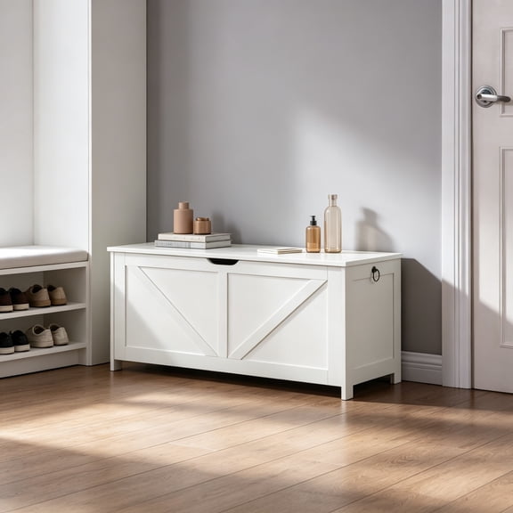 Rustic Wood Storage Bench & Chest with Safety Hinge  Large Storage Box Seat for Entryway, Hallway, Fold-Down Lid Organizer, 39.4-Inch White