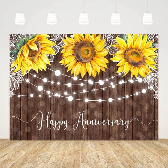 Rustic Wood Sunflower Wedding Backdrop White Floral Lace Happy Anniversary Background Sunflower Couple Love Anniversary Party Decorations Banner Supplies Photo Booth Props
