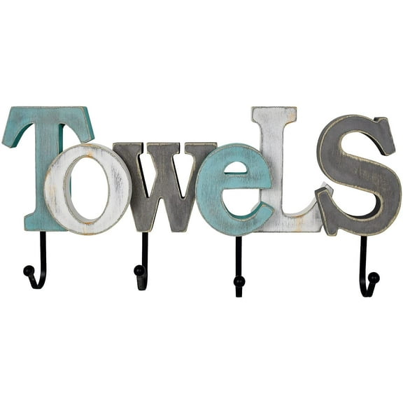 Rustic Wood Towels Sign with Hooks, Decorative Cutout Word Sign Wall Decor, Multicolor Wooden Towels Word Sign Block Letters Wall Mounted Decorative Sign Bathroom Decor