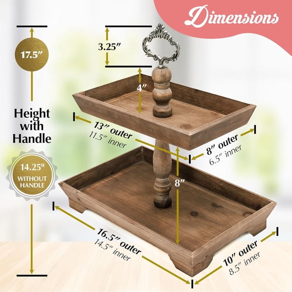Rustic Wood Two Tiered Tray Rectangle 2 Tier Serving Tray for Coffee Bar, Kitchen Counter, Dining Room Table, Cupcake Stand, Holiday and Farmhouse Decor (Rustic Brown)