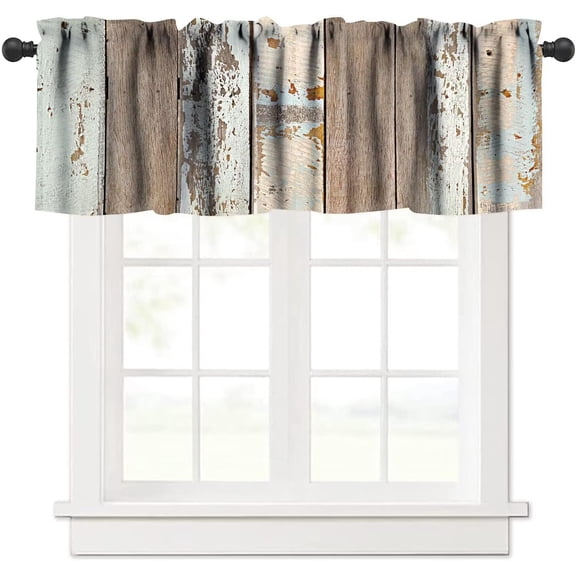 Rustic Wood Valance Curtain Brown Wooden Blue Wood Plank Board Panel Reducing The Light Rod Pocket Valance Window Treatments 1 Panel Short Curtains for Kitchen Farmhouse 54 x 18 in