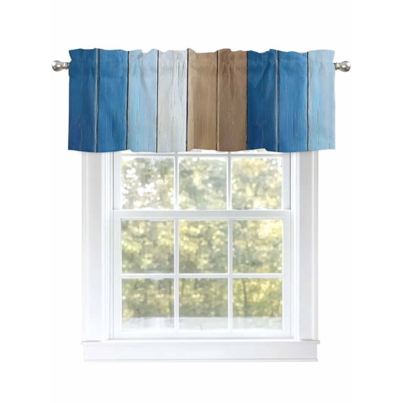 Rustic Wood Valances for Windows, Rod Pocket Kitchen Valance Curtains - Soft & Washable Small Window Treatment for Living Room,&nbsp;Bathroom, Summer Blue Brown , 42x12 Inch, 1 Panel