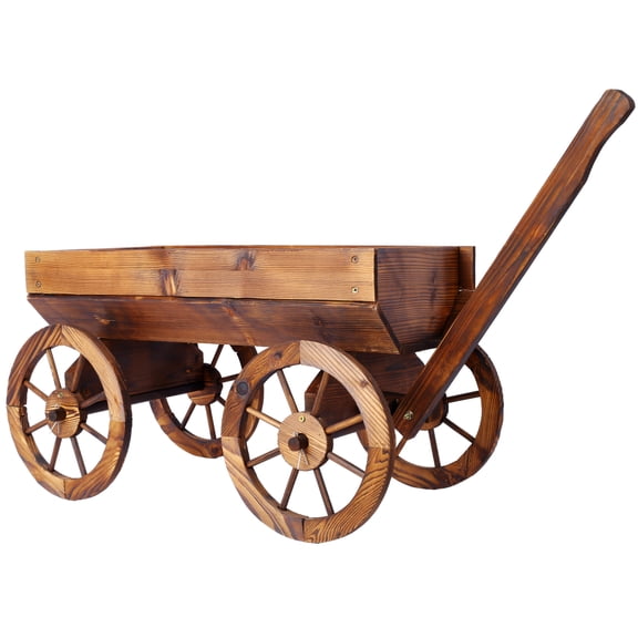 Rustic Wood Wagon Planter with Wheels - Mobile Flower Pot Stand for Garden, Patio & Outdoor Decor, Easy-Rolling Plant Cart