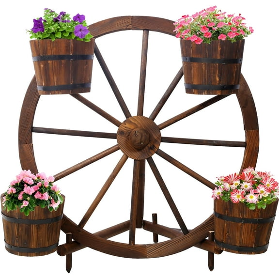 Rustic Wood Wagon Wheel Barrel Planter - Decorative Display Outdoor Garden Decorative Garden Planter, Brown (Model 1)
