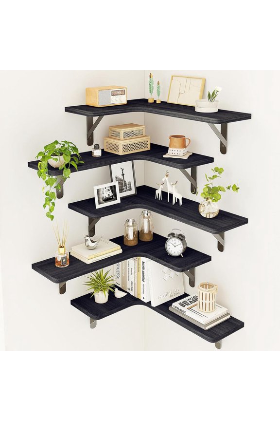 Rustic Wood Wall Mounted Corner Shelf Set of 5 Black Solid Paulownia Wood & Metal Bracket Wall Floating Shelves for Bathroom Kitchen Bedroom Living Room Laundry Home Decor