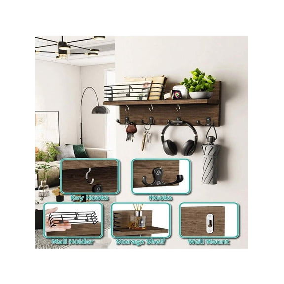 Rustic Wood Wall-Mounted Key & Mail Holder - 4 Double Hooks Entryway Organizer with Decorative Style