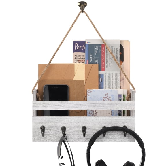 Rustic Wood Wall Mounted Mail Organizer with 5 Hooks, Entryway Key Holder & Mail Sorter, Whitewashed Finish