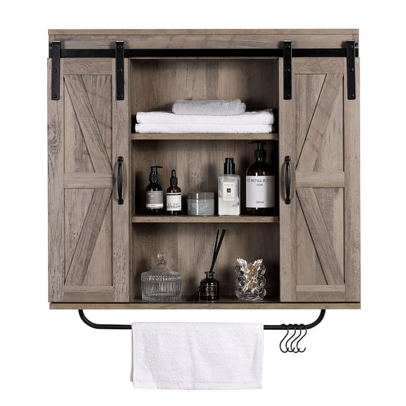 Rustic Wood Wall Storage Cabinet with Two Sliding Barn Door, 3-Tier Decorative Farmhouse Vintage Cabinet for Kitchen Dining, Bathroom, Living Room,Black