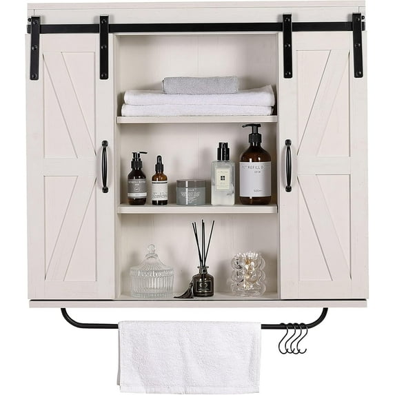 Rustic Wood Wall Storage Cabinet with Two Sliding Barn Door, 3-Tier Decorative Farmhouse Vintage Cabinet for Kitchen Dining, Bathroom, Living Room, Vintage White