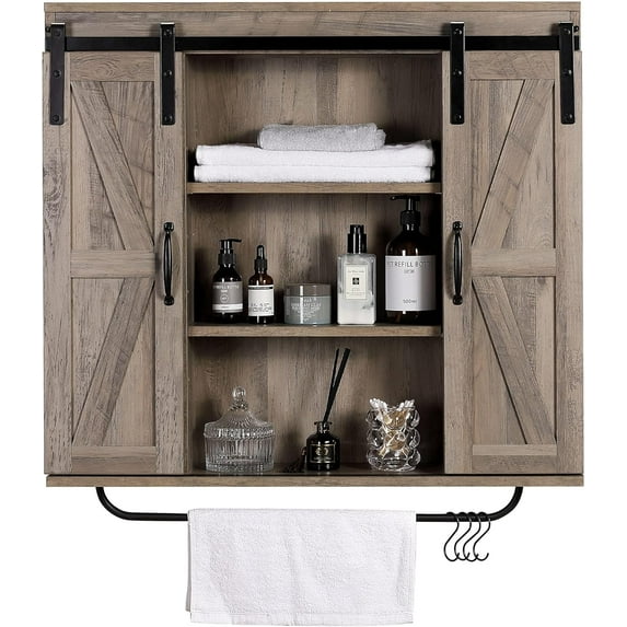 Rustic Wood Wall Storage Cabinet with Two Sliding Barn Door, 3-Tier Decorative Farmhouse Vintage Cabinet for Kitchen Dining, Bathroom, Living Room, Washed Oak