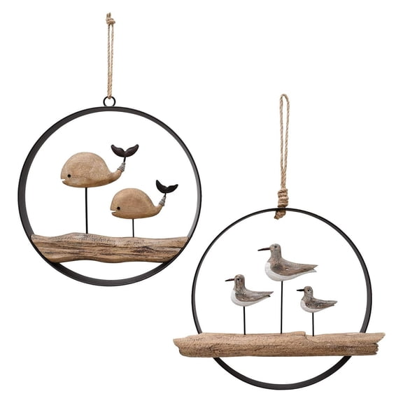 Rustic Wood Whale Decor Hanging Nautical Wall Decor, Wooden Whale Nautical Decor Beach Themed Decoration Coastal Decor Wall Art Decoration for Home Decor (Whale + Seagull)