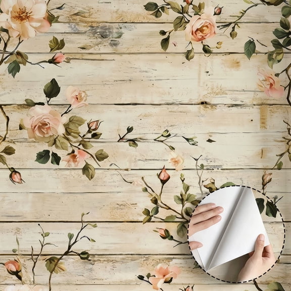 Rustic Wood Wildflower Vine Rose Flower Peel and Stick Wallpaper Contact Paper Vintage Vinyl Stick on Wall Paper for Bedroom Bathroom Kitchen Cabinet Renter Friendly
