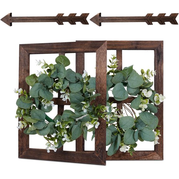 Rustic Wood Window Frame with Green Wreath and Arrows Wall Decor，Farmhouse Window Frame Hanging Decor,Wooden Fake Decoration,Window Pane Wall Decor,Set of 2 (Brown)