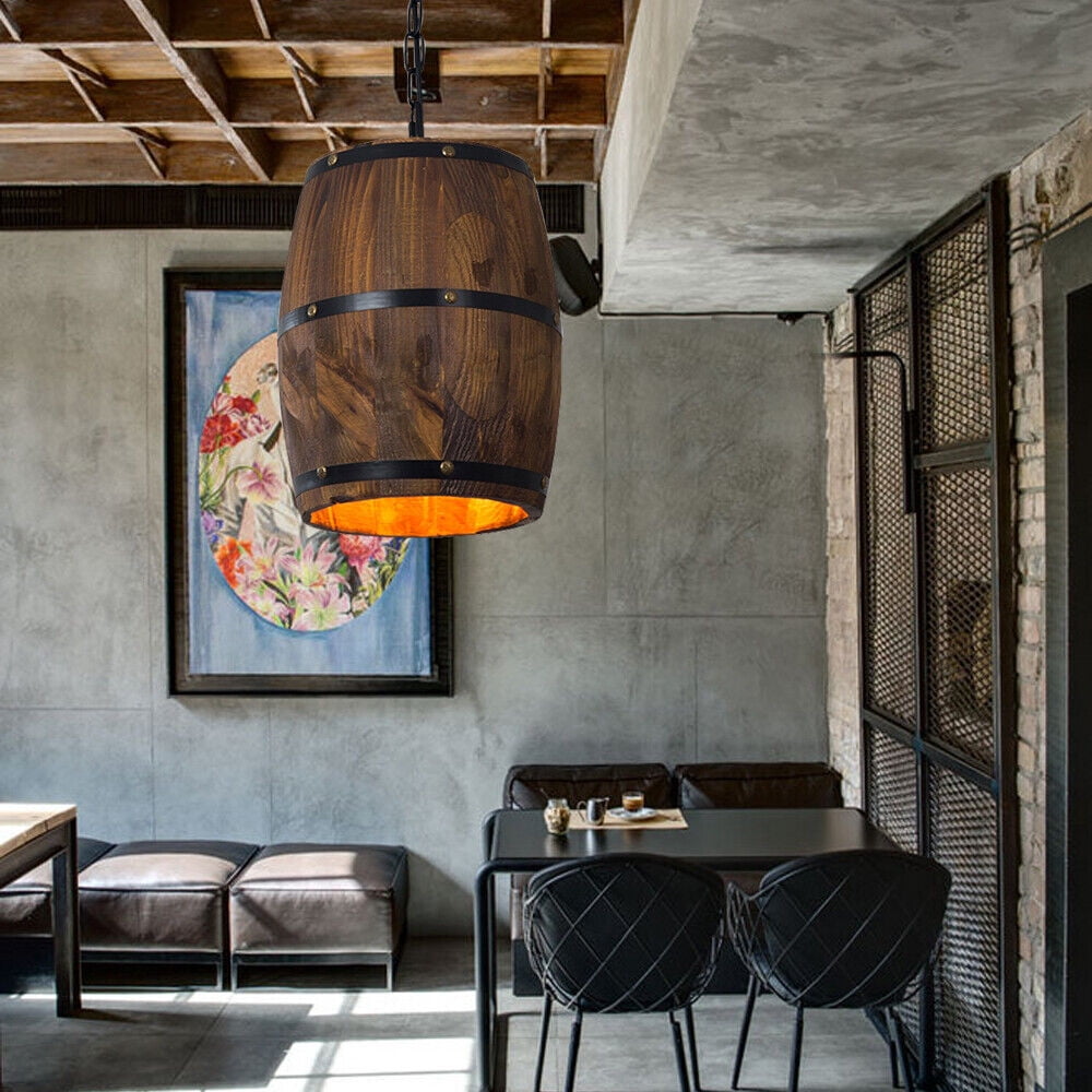 Rustic Wood Wine Barrel Chandelier Hanging Ceiling Light Retro Decor Pendant Lamp Lighting Fixture for Bar/Cafe Dining Room