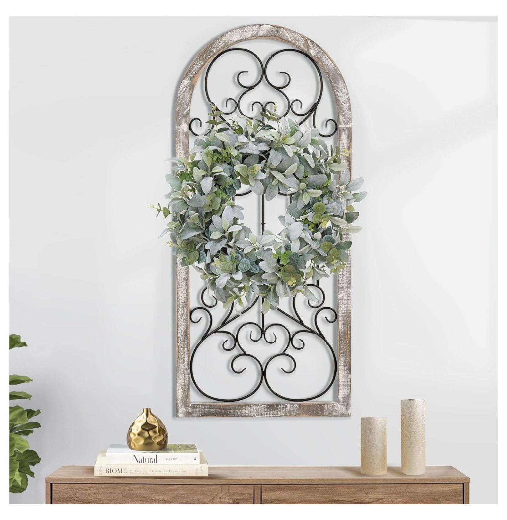 Rustic Wood and Metal Arch Wall Decor, Vintage Style Iron Window Frame ...