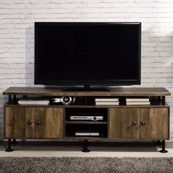 Rustic Wood and Metal Blend - Open Shelves for Media Display - 60 - 69 Inch TV Support in Living Area - Cord Management for Organized Setup