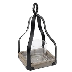 Fuin Farmhouse Decorative Candle Lantern, Rustic Wood and Black Metal Hurricane Candle Holder with Glass Cylinder, 13.4" Centerpiece for Living Room and Mantel