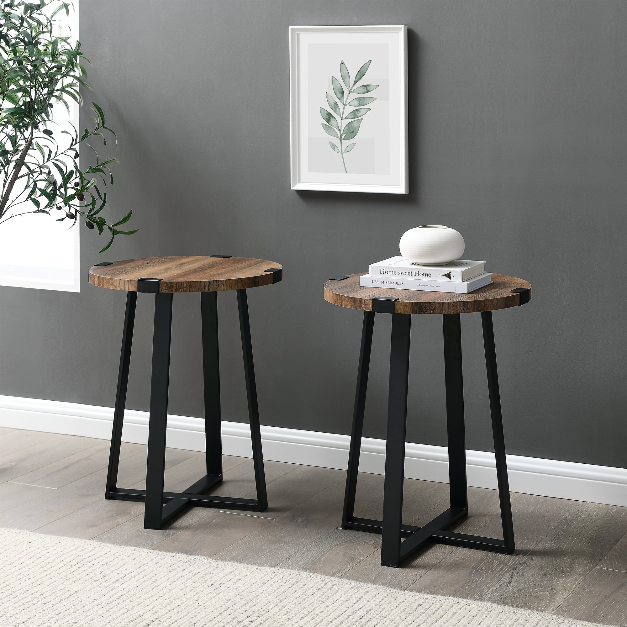 Rustic Wood and Metal Round End Table, Set of 2, Reclaimed Barnwood