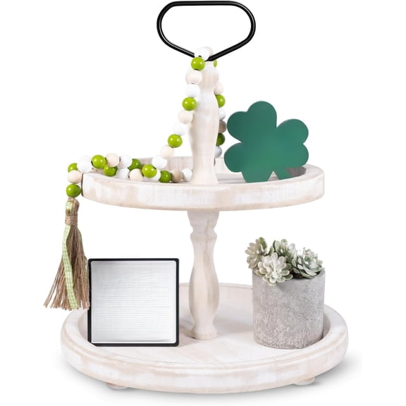 Rustic Wooden 2 Tiered Tray, Round Farmhouse Kitchen Table Decor Serving Tier Tray, Food Fruits Cupcake Display Coffee Bar Home Party Seasonal Decorations (Brown)