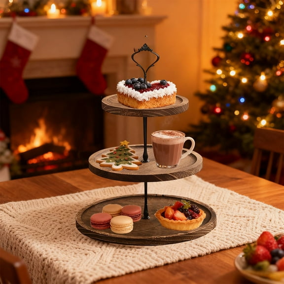 Rustic Wooden 3 Tiered Tray, Round Farmhouse Kitchen Table Decor Serving Tier Tray, Food Fruits Cupcake Display Coffee Bar Home Party Seasonal Decorations
