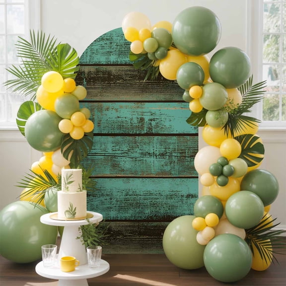 Rustic Wooden Arch Backdrop Cover, 5FT, Retro Farmhouse Country Turquoise Plank Spandex Arch Covers Double-Sided Backdrop for Wedding Birthday Party Photo Background Decoration