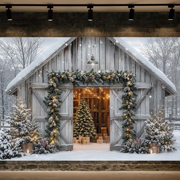 Rustic Wooden Barn Christmas Backdrop, Snowy Winter Farmhouse with Xmas Pine Trees Gift Boxes Warm Fairy Lights Photo Background for Family Newborn Holiday Party Portrait Photoshoot,7x5FT