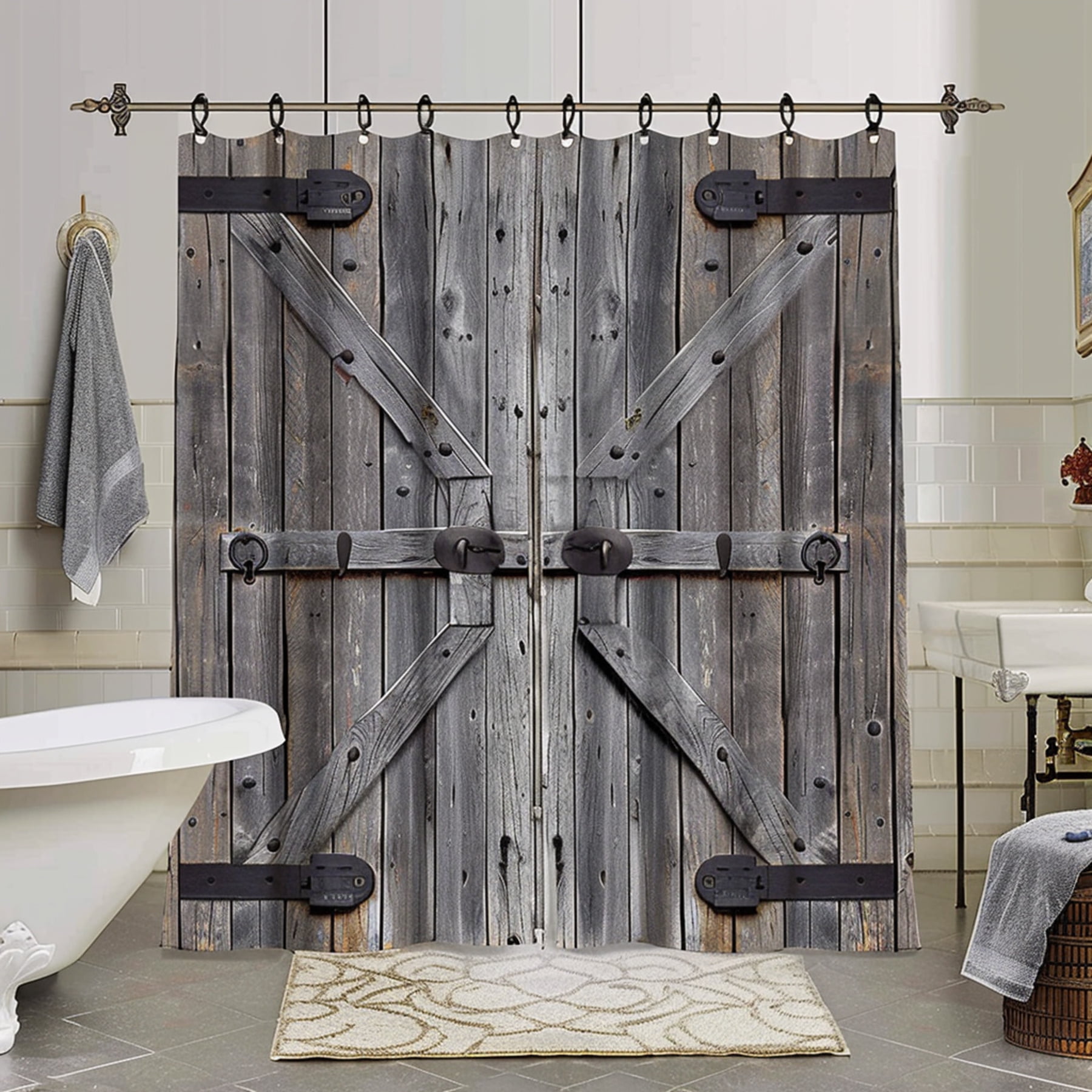 Rustic Wooden Barn Door Bathroom Shower Curtain Set Antique Grey Wood ...