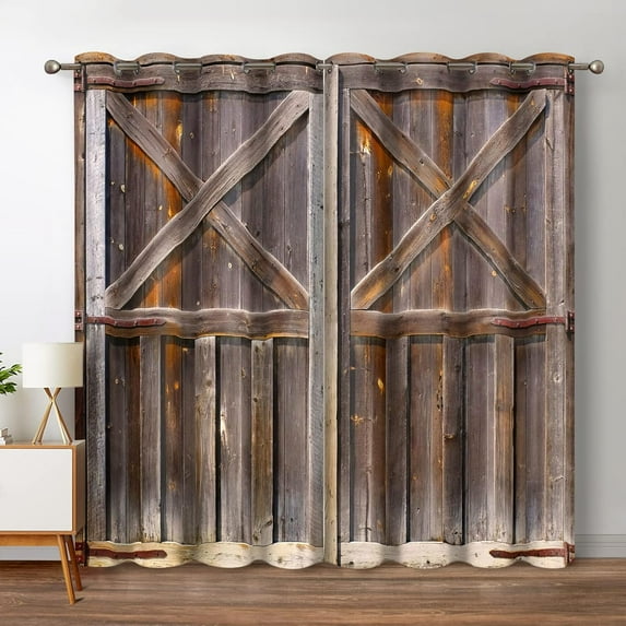 Rustic Wooden Barn Door Blackout Curtains Vintage Farmhouse Wood Countryside Decor Sunlight Blocking Drapes Home Bedroom Living Room Grommet Window Drapes 2 Panel Set, 52"x84"