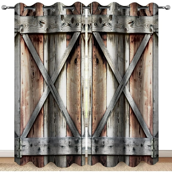 Rustic Wooden Barn Door Blackout Curtains Vintage Old Wood Farmhouse Farm Style Decor Country Planks Drape for Home Bedroom Living Room Grommet Window Drapes 26"W x 63"L (Pack of 2)