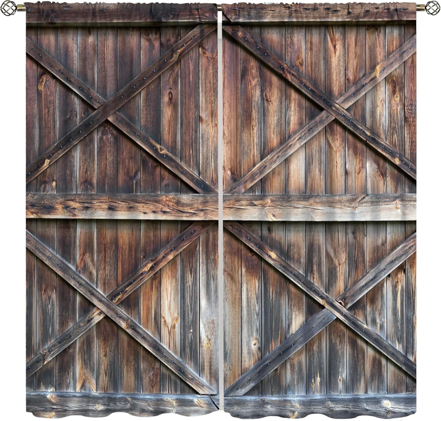 LB Rustic Barn Door Window Curtain Panels,Vintage Wooden Farmhouse Brown Wood Window Curtain For Kitchen Living Room Bedroom Bathroom Blackout Window Treatment Drapes 2 Panels,52 X 63 Inches - View #4