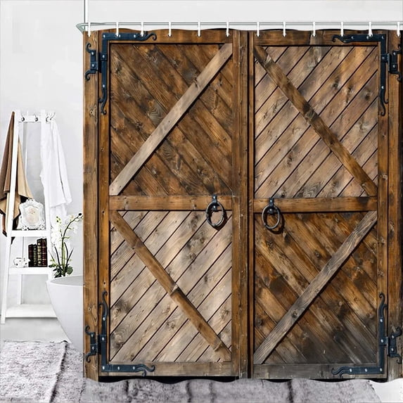 Rustic Wooden Barn Door Decor Shower Curtain for Bathroom Western Country Theme Vintage Rural Farm House Door Bath Curtains Set