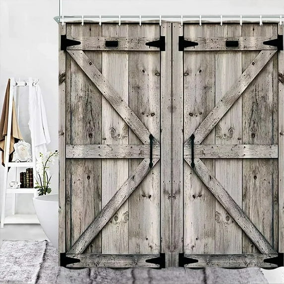 Rustic Wooden Barn Door Decor Shower Curtain for Bathroom Western Country Theme Vintage Rural Farm House Door Bath Curtains Set