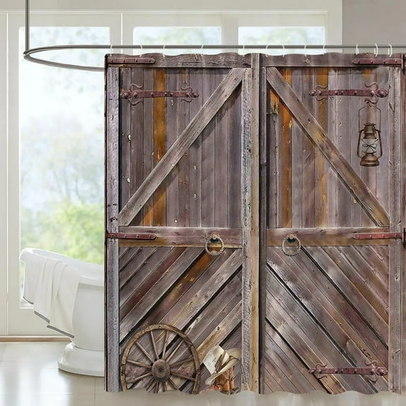 Rustic Wooden Barn Door Decor Shower Curtain for Bathroom Western Country Theme Vintage Rural Farm House Door Bath Curtains Set