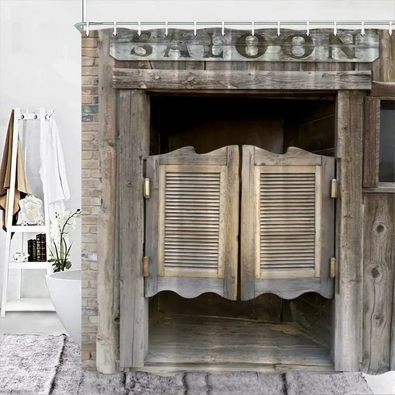 Rustic Wooden Barn Door Decor Shower Curtain for Bathroom Western Country Theme Vintage Rural Farm House Door Bath Curtains Set