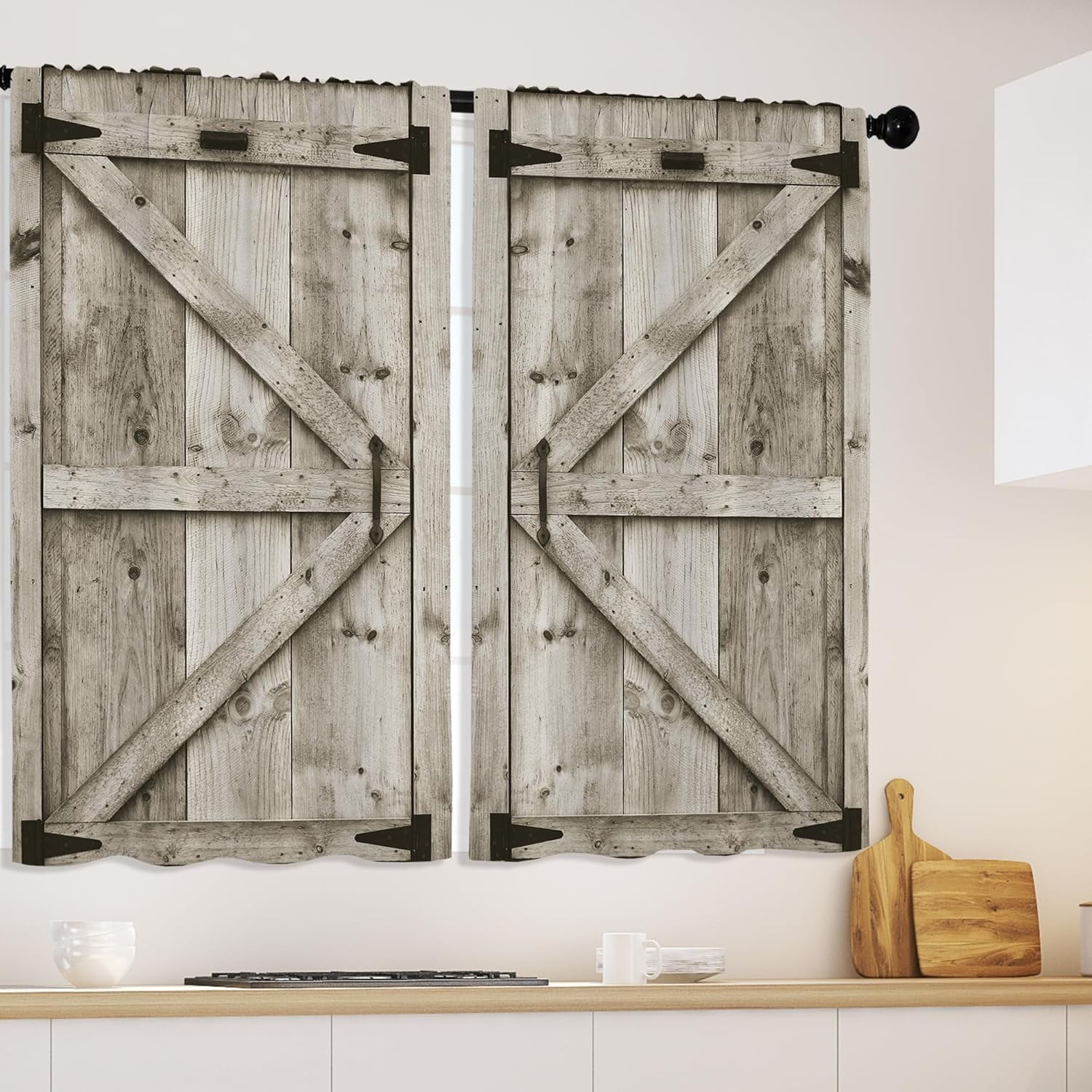 Rustic Wooden Barn Door Kitchen Curtains Farmhouse Country Window Curtains Small Short Retro ...