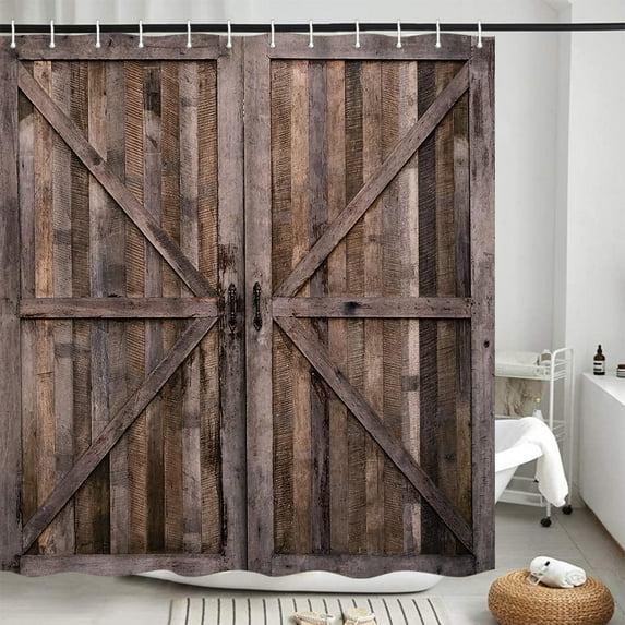 Rustic Wooden Barn Door Shower Curtains, Farmhouse Vintage Country Wood Board Bath for Bathtub Curtain Bathroom Set Decor, Waterproof Polyester Durable Cloth with Hooks,72x72